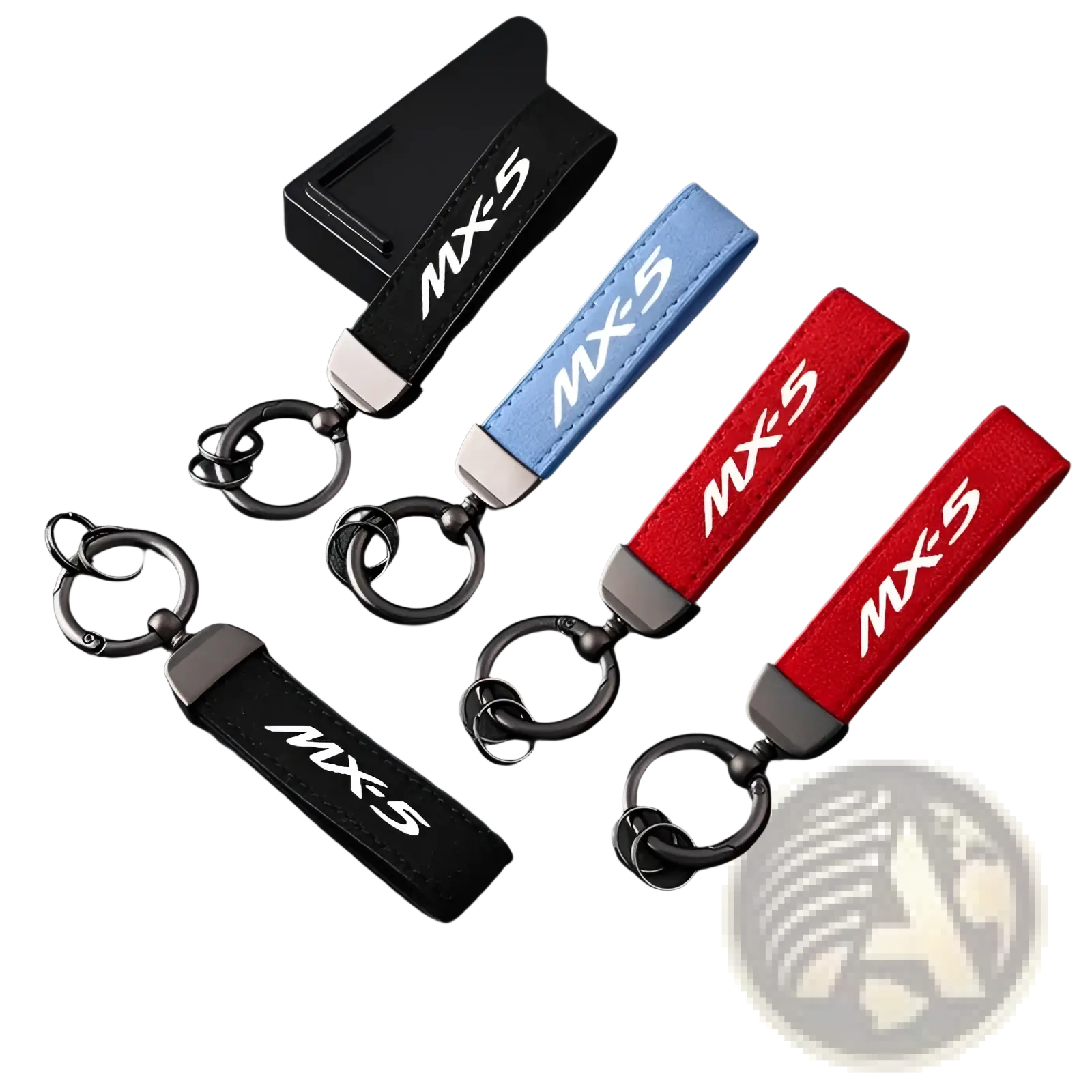 Mazda mx5 leather keychain car key ring holders in black blue and red with mx5 embroidered in white fabric