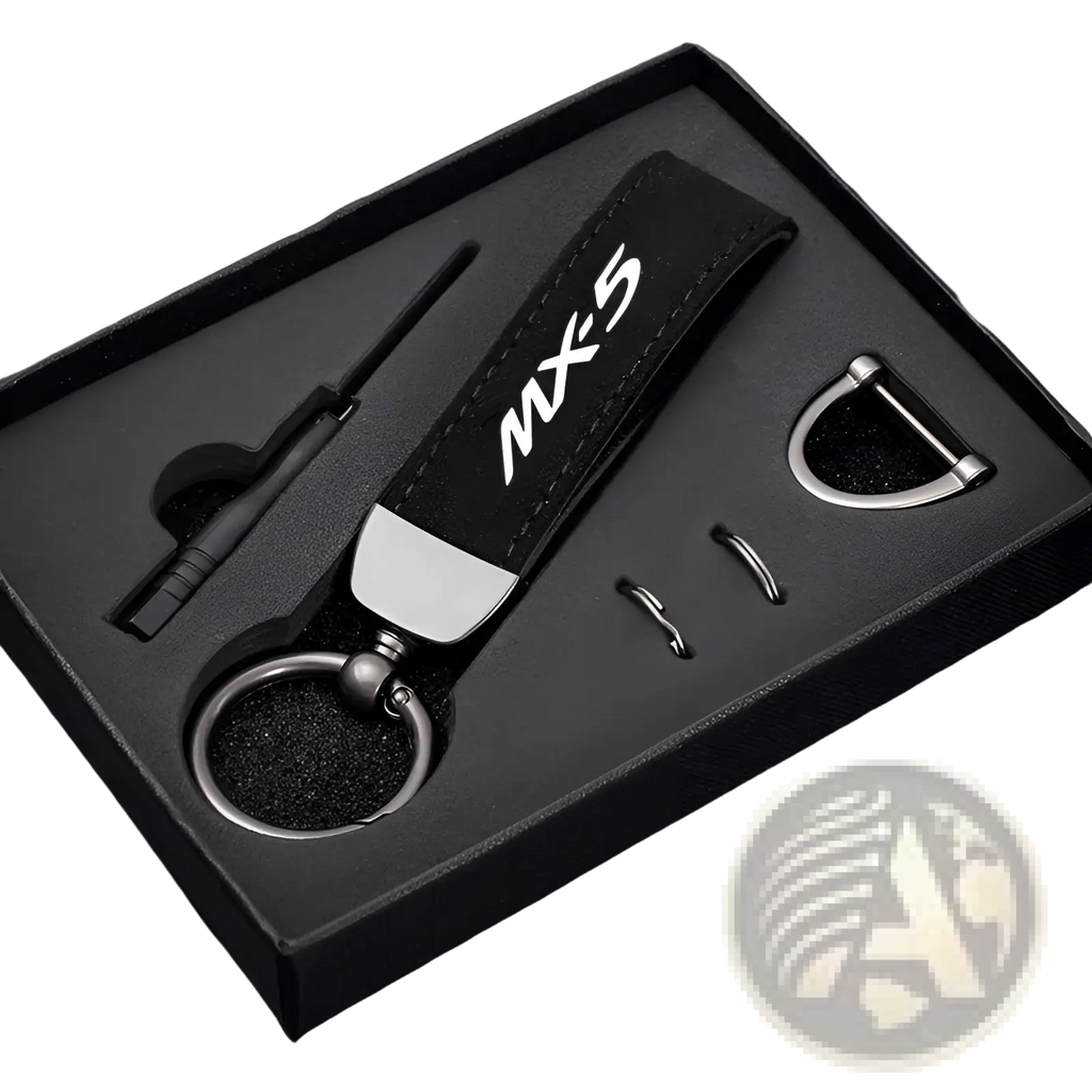 Black leather Mazda mx5 keychain with silver logo and metallic hardware for car key ring holding