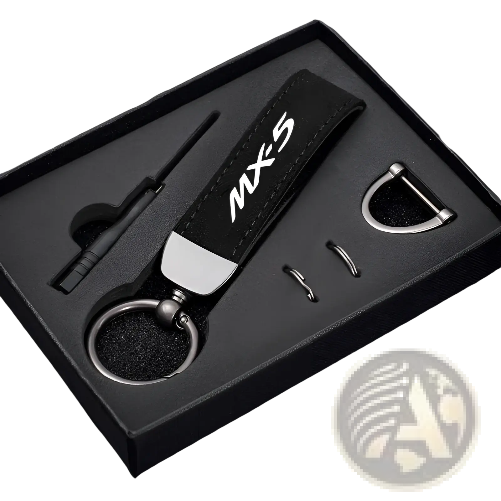 Black leather Mazda mx5 keychain with silver logo and metallic hardware for car key ring holding
