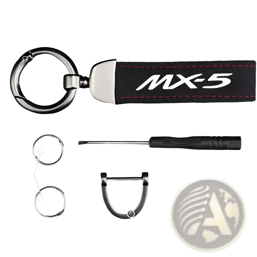 Black leather Mazda MX5 keychain with white logo, red stitching, and silver metal ring and clip for car keys