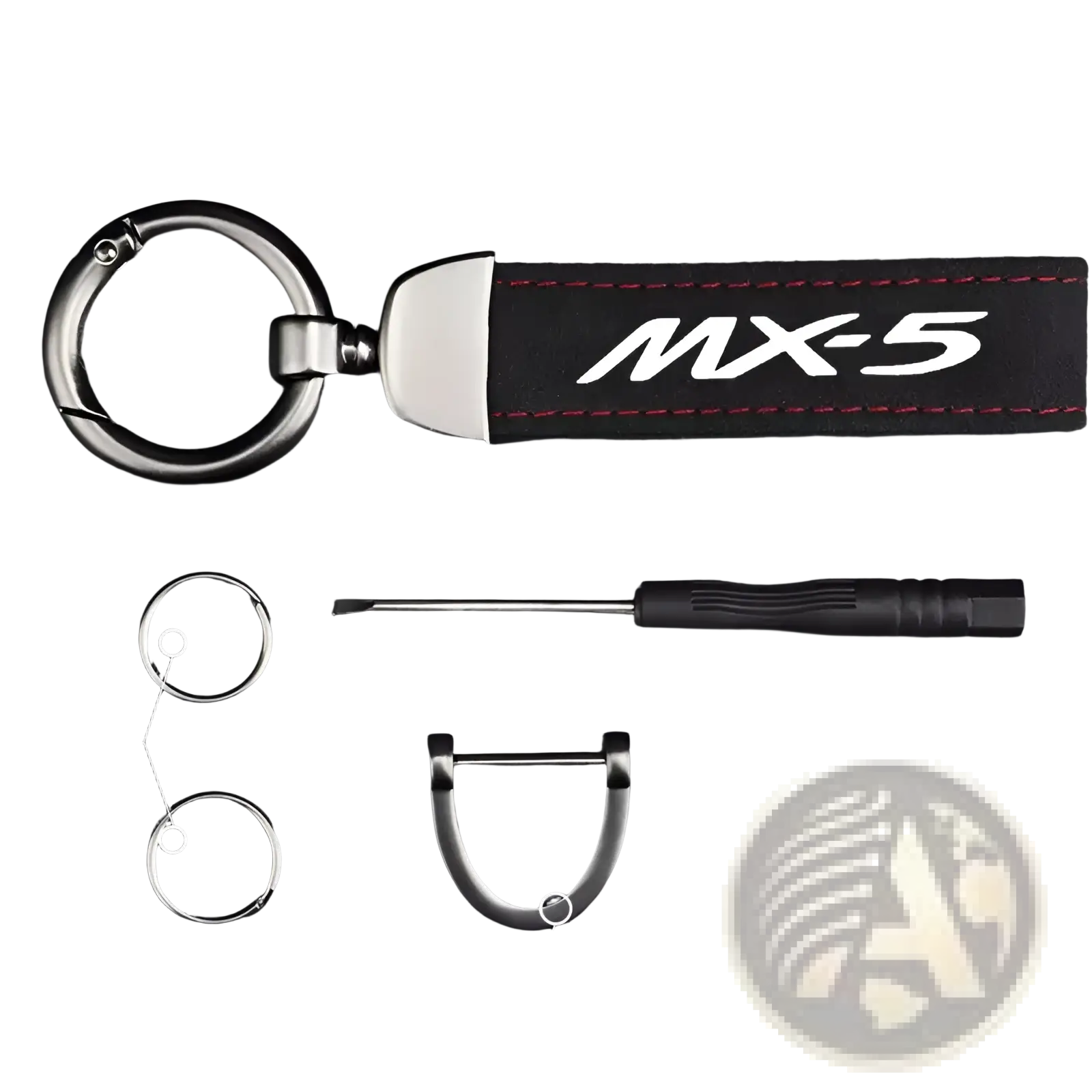 Black leather Mazda MX5 keychain with white logo, red stitching, and silver metal ring and clip for car keys