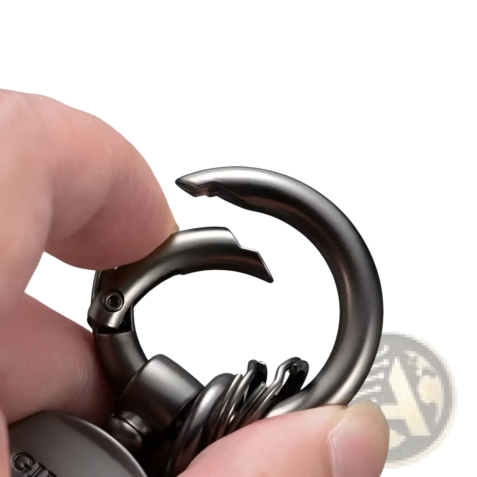 Blackened stainless steel carabiner keychain with spring-loaded gate and coiled metal ring for mazda mx5 leather keychain