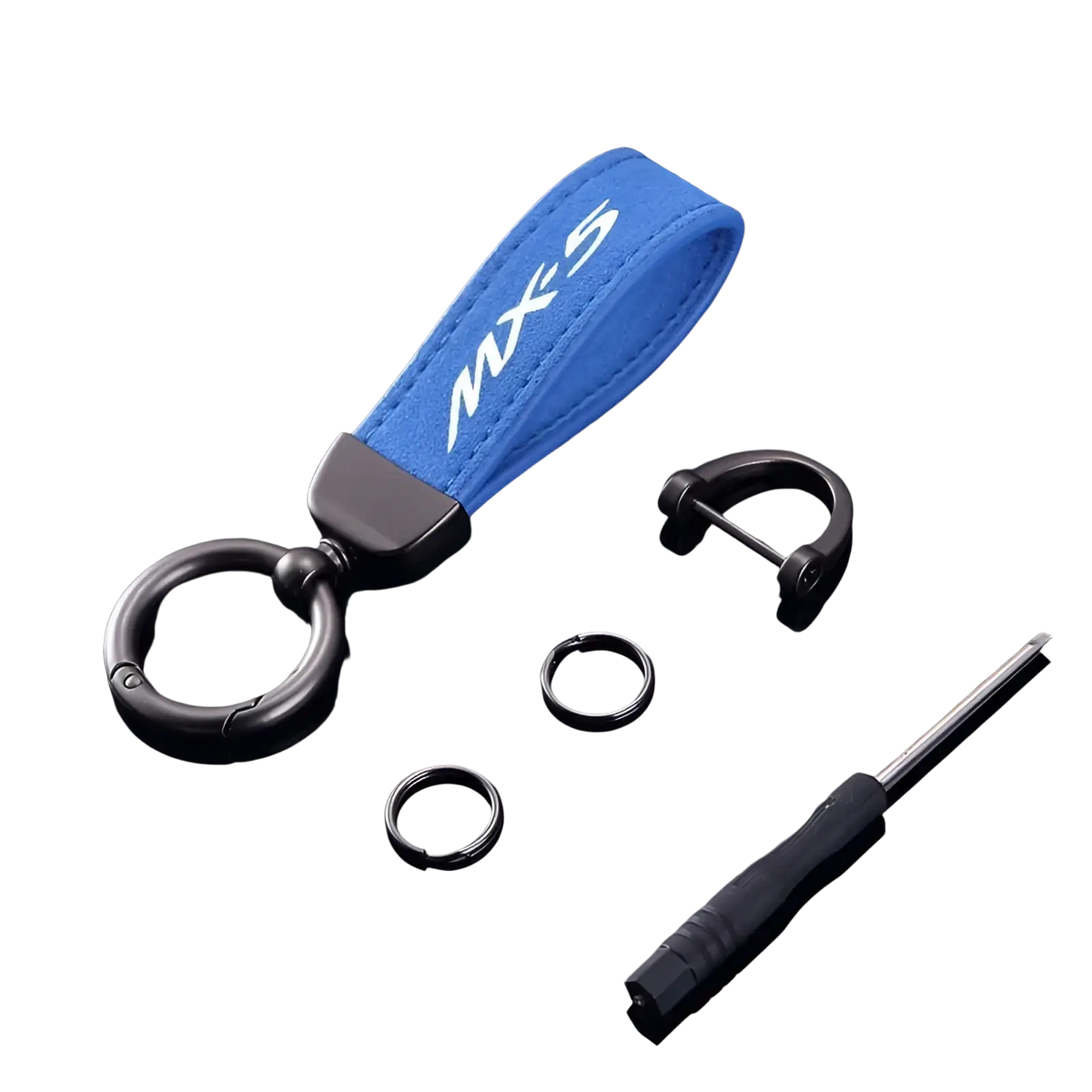 Blue suede Mazda Mx5 leather keychain with white logo and black metal ring for car key holding