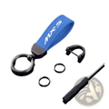 Blue suede Mazda Mx5 leather keychain with white logo and black metal ring for car key holding