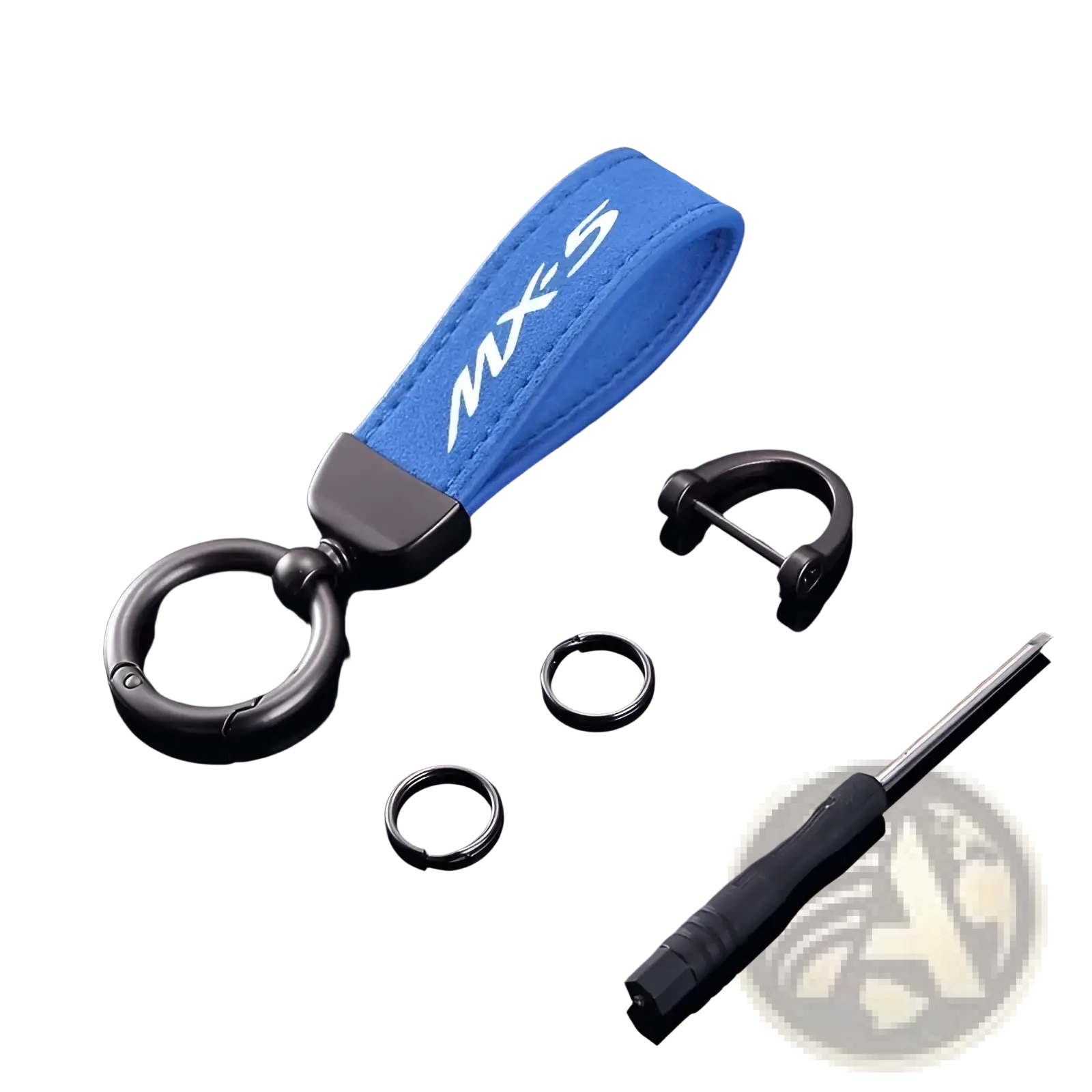 Blue suede Mazda Mx5 leather keychain with white logo and black metal ring for car key holding