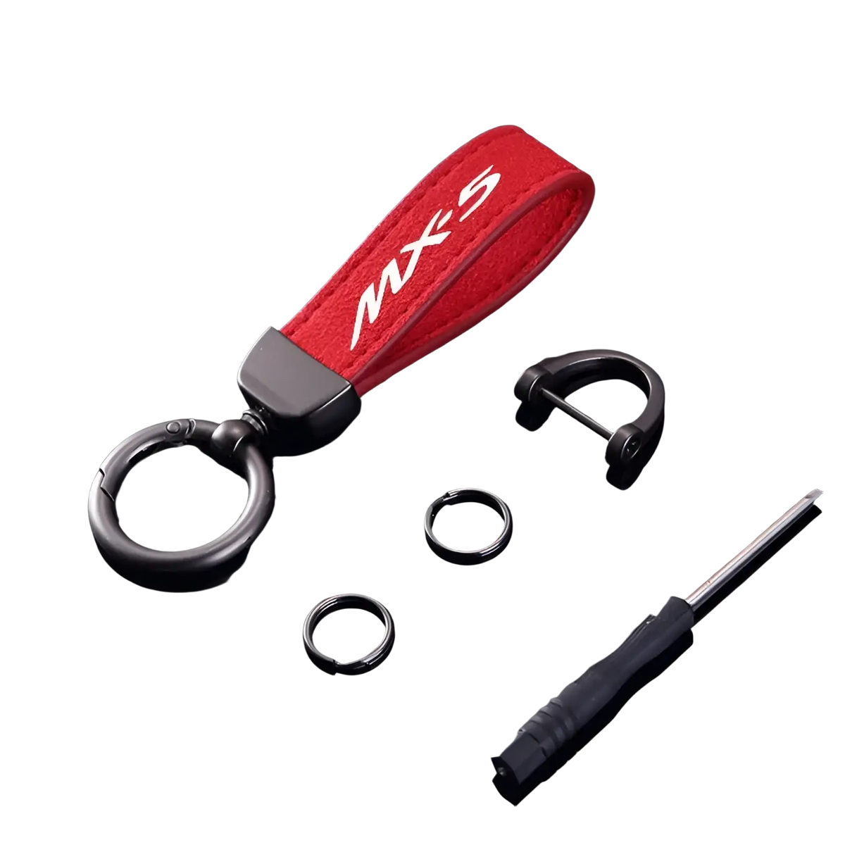 Red suede Mazda MX5 leather keychain with white logo and black metal hardware for car key ring holder