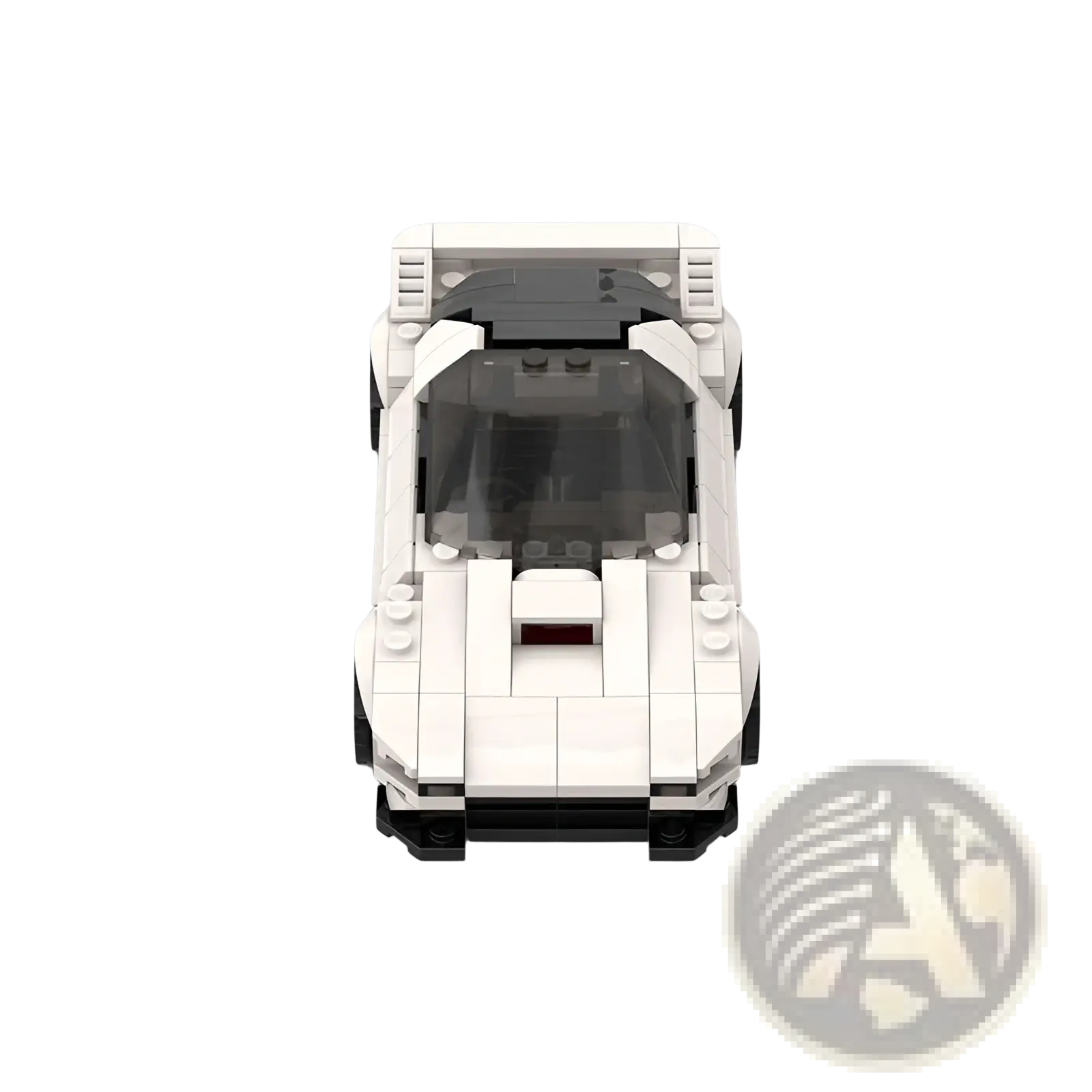White lego Mazda Rx7 Fc3s sports car model with black accents and transparent roof for building block racing display