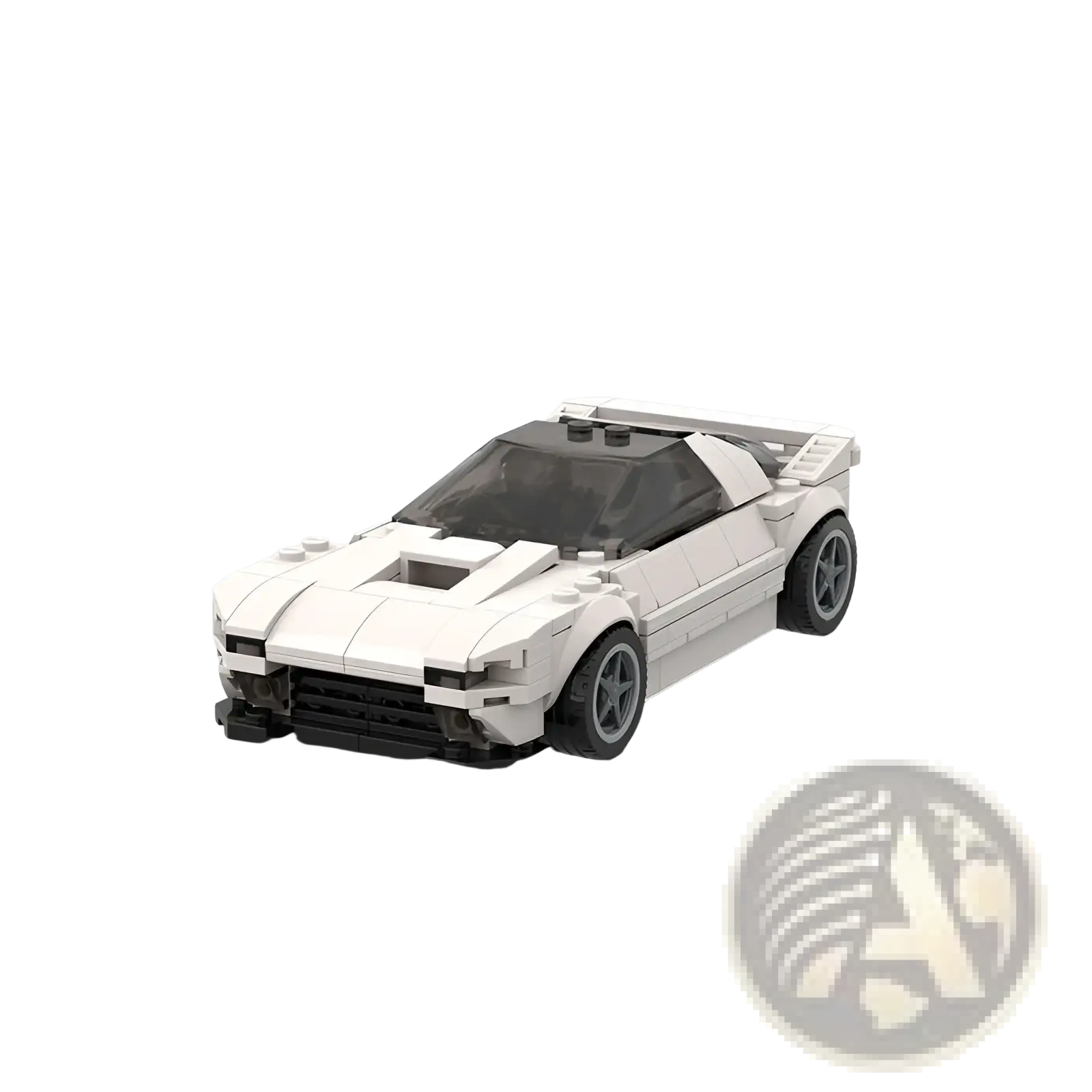 White lego Mazda Rx7 Fc3s sports car model with black translucent windows and gray wheels for racing display