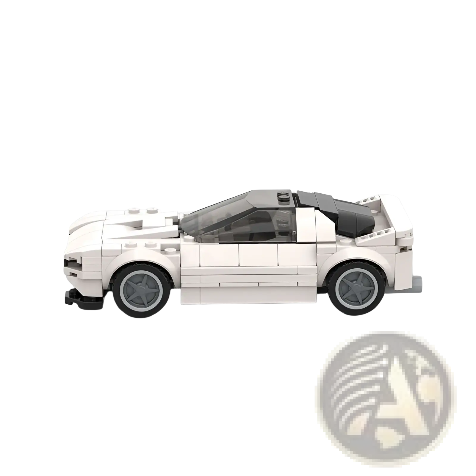 White lego mazda rx7 fc3s sports car model with black roof and gray wheels designed for supercar racing build