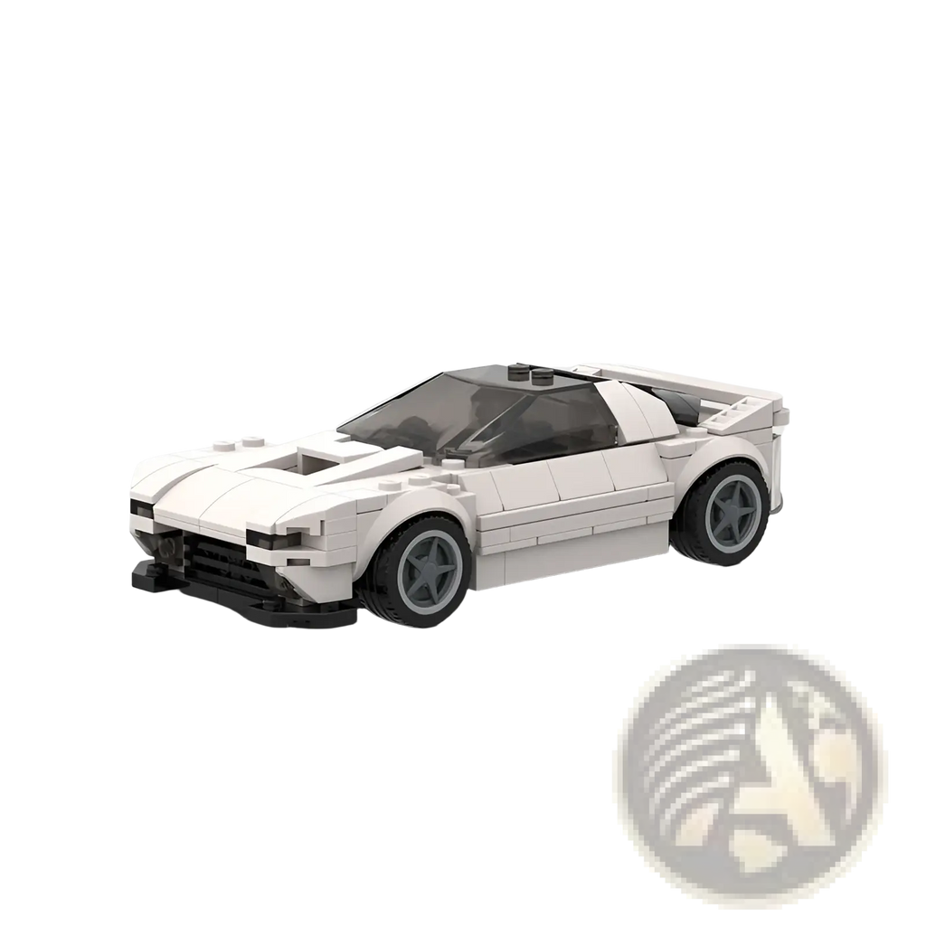 White lego-style mazda rx7 fc3s building block supercar model with black-tinted windows and gray wheels