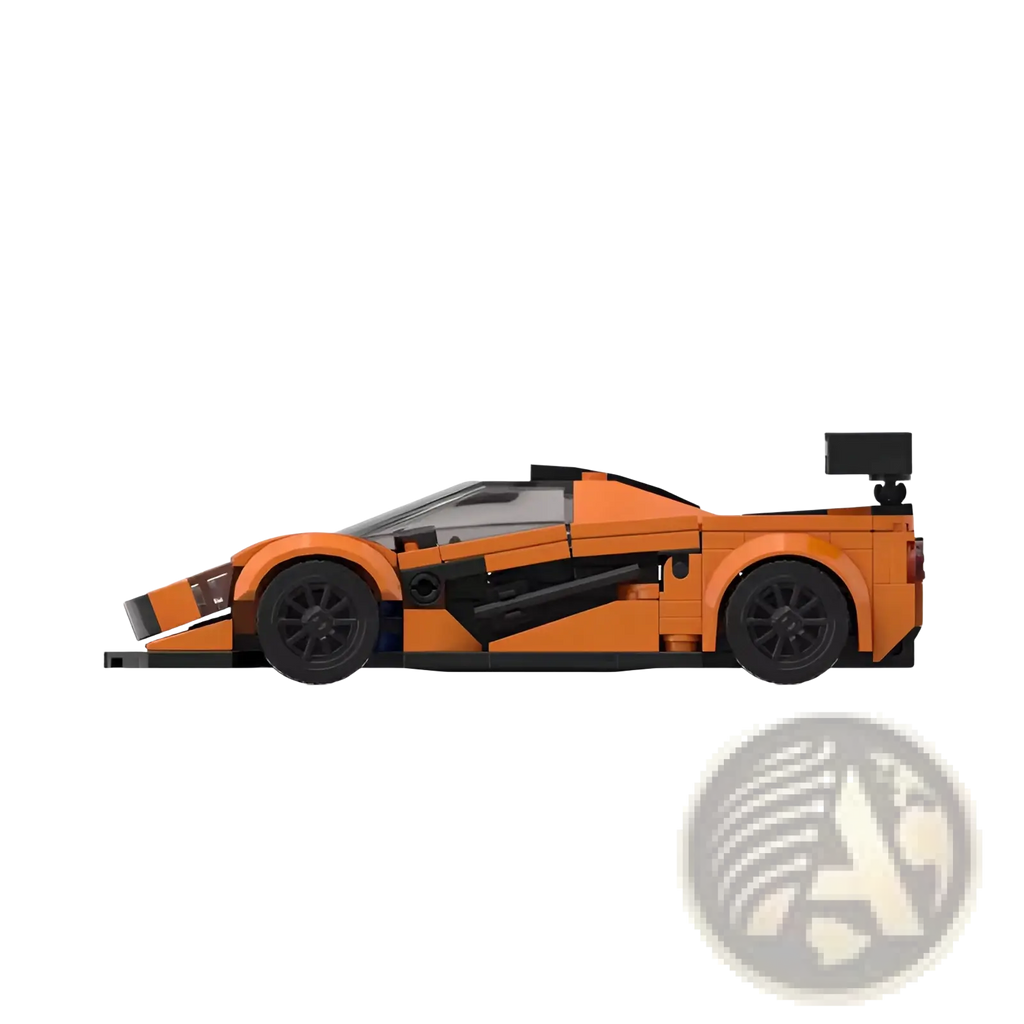 Orange and black lego mclaren f1 gtr race car model with sleek aerodynamic design built from 348 building blocks