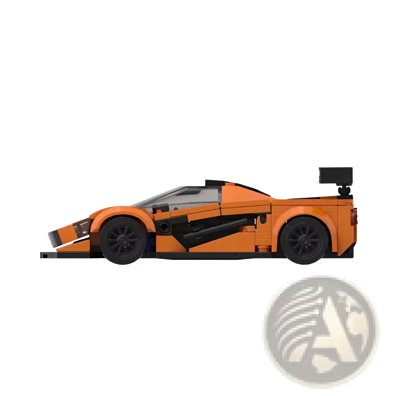 Orange and black lego mclaren f1 gtr race car model with sleek aerodynamic design built from 348 building blocks