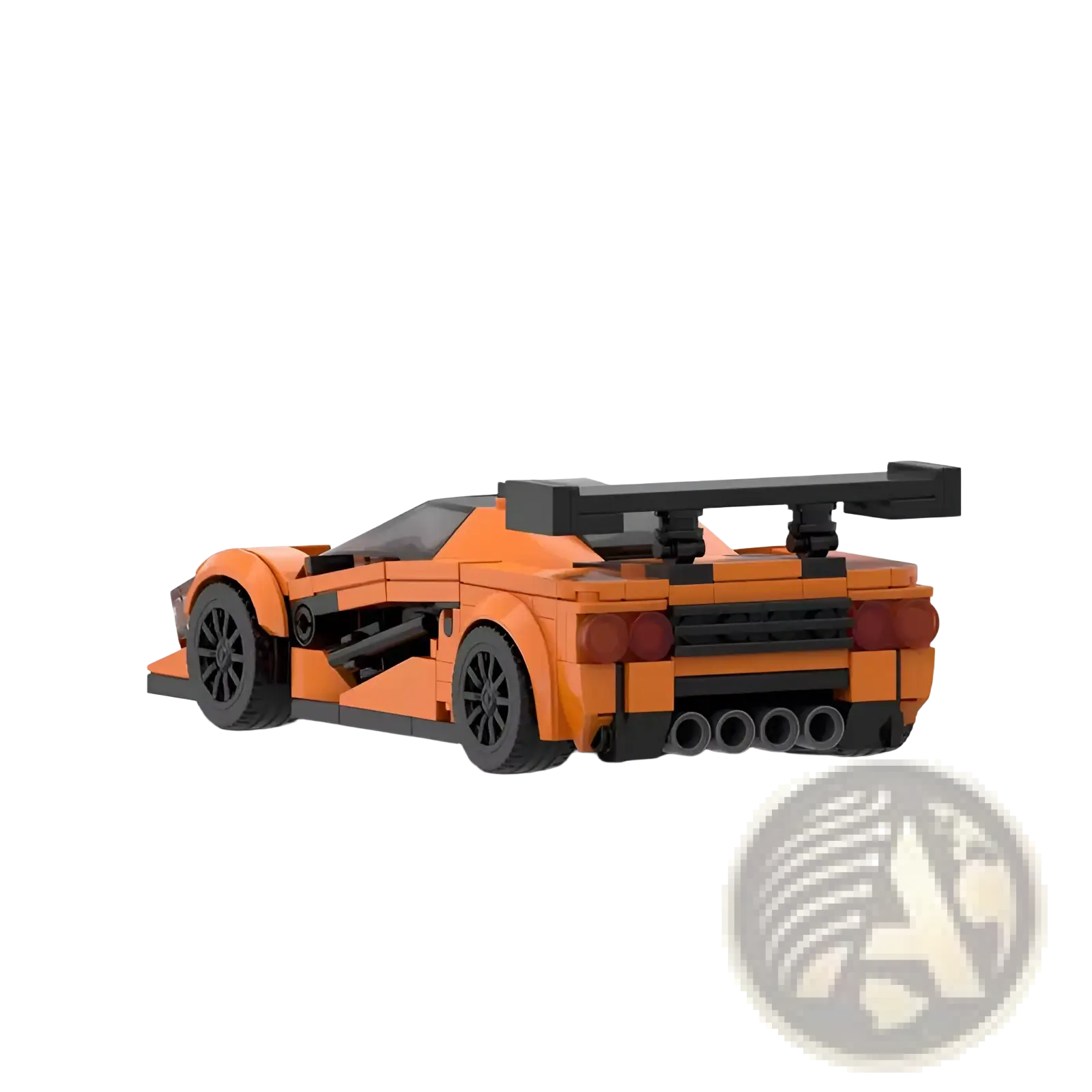 Orange and black lego mclaren f1 gtr race car model with rear spoiler and detailed exhaust system back view