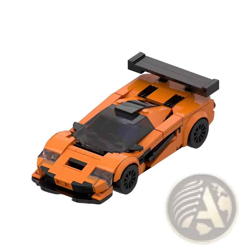 Orange and black lego McLaren F1 GTR race car model with rear spoiler shown from the back side in 348pcs set