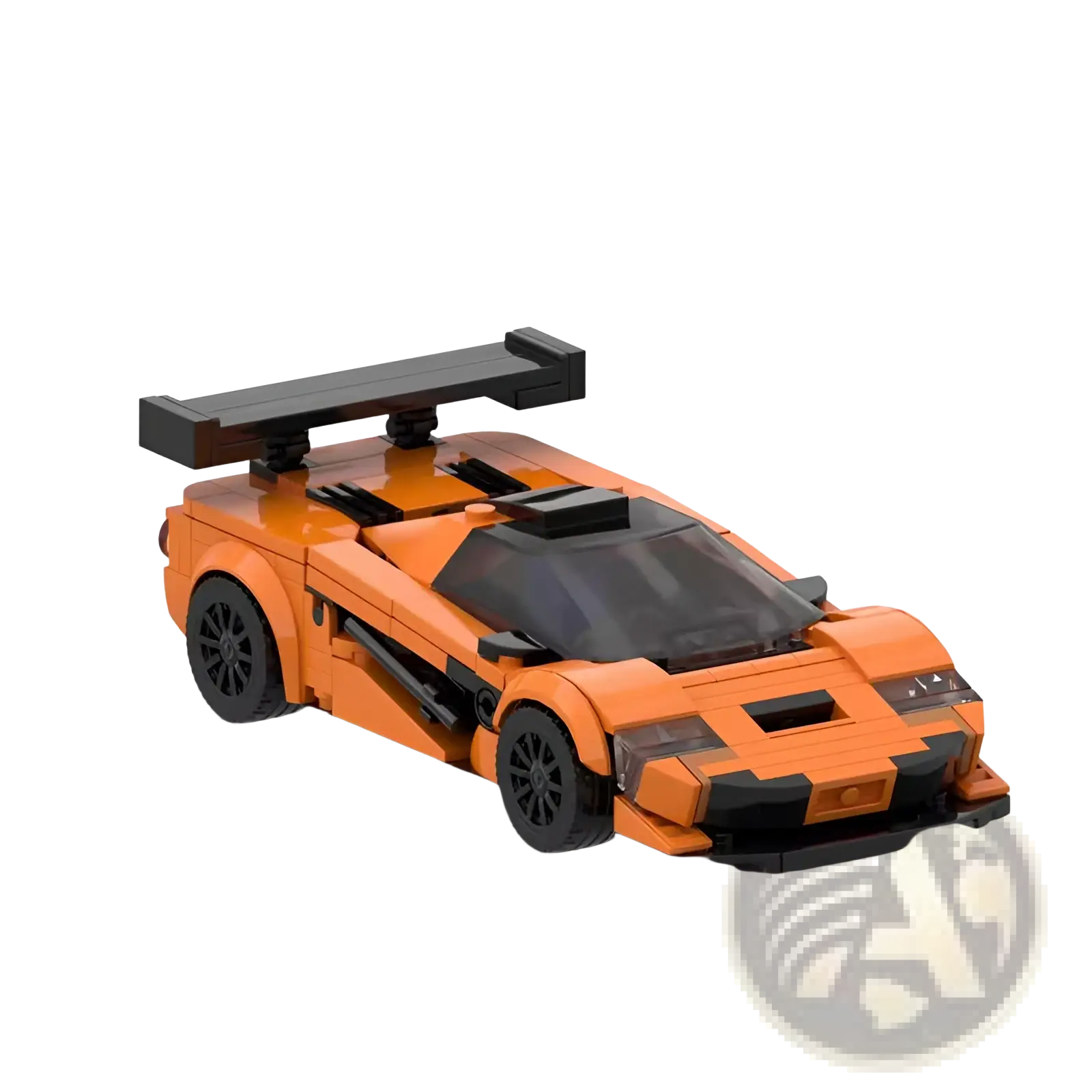 Orange and black lego McLaren F1 GTR race car model with prominent rear wing from 348pcs building block set