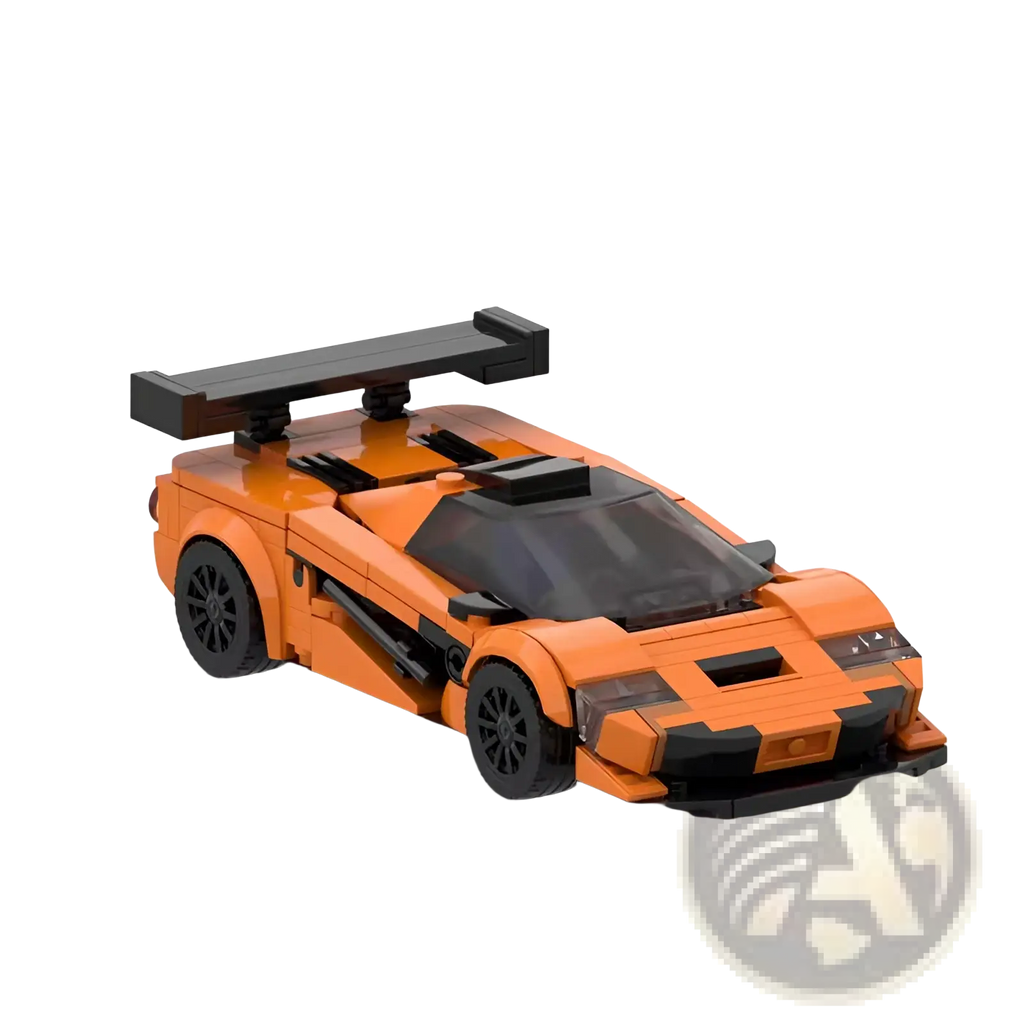 Orange and black lego mclaren f1 gtr race car model with prominent rear wing from 348pcs building block set back view