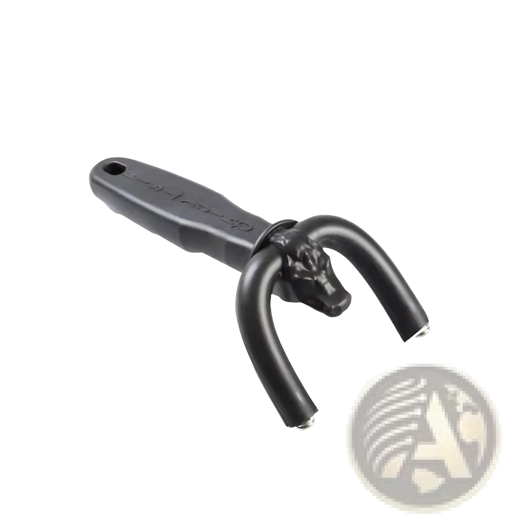 Black plastic-handled meat trimmer with cow head design and stainless steel blade for precise slicing