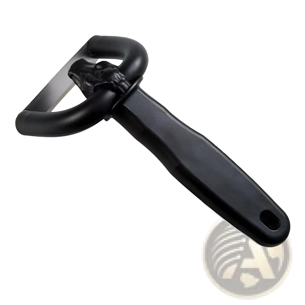 Black skull-themed meat trimmer with stainless steel blade and matte finish handle for precise slicing and peeling