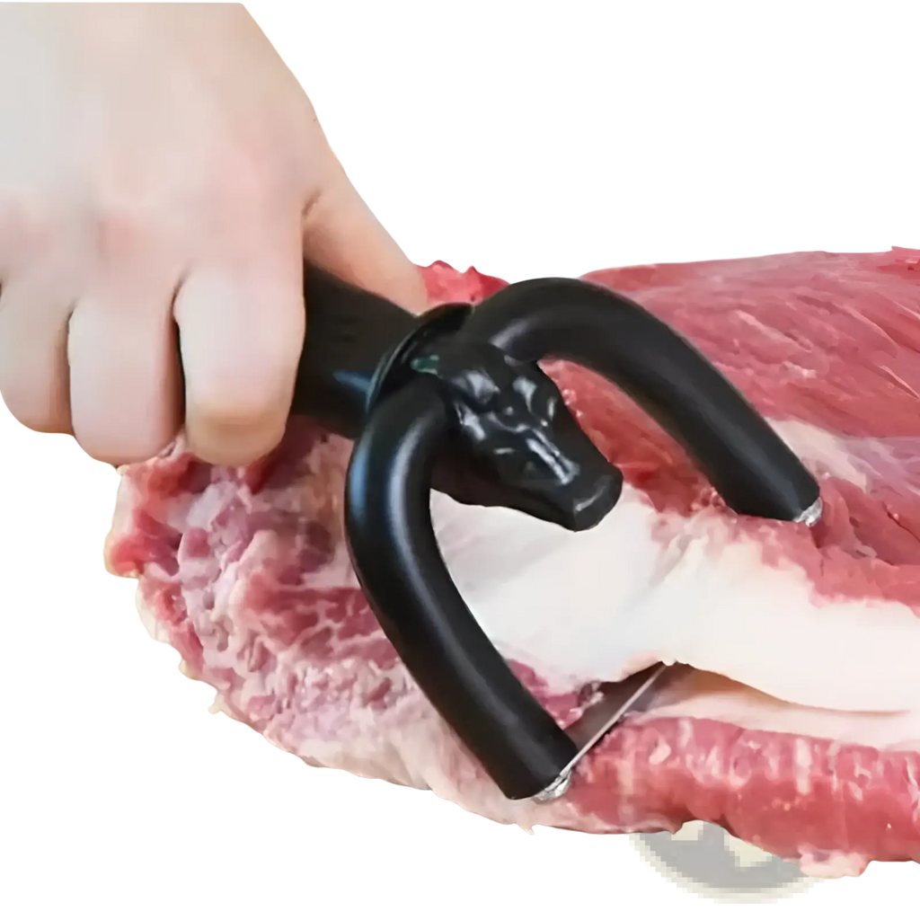 Black plastic horse-head meat trimmer with curved stainless steel blades for efficient slicing and trimming