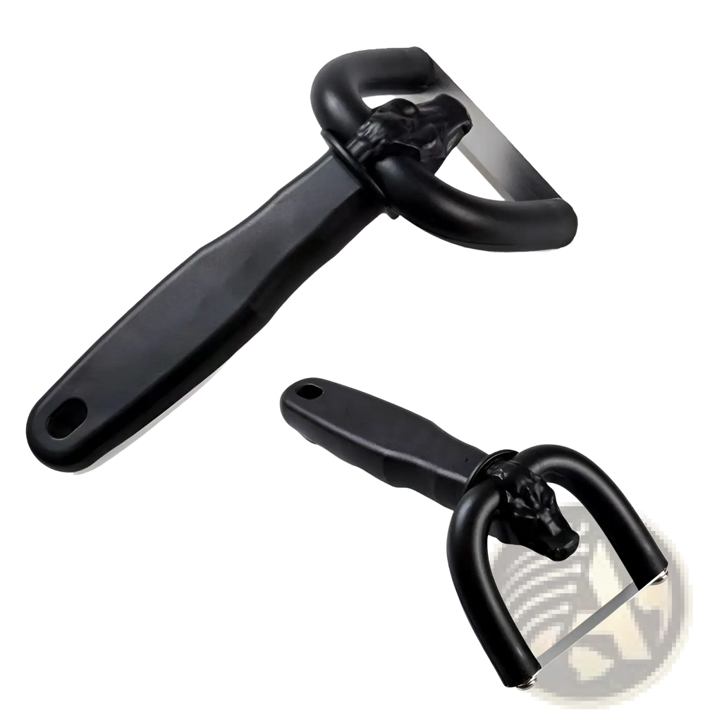 Black plastic-handled meat trimmer skull design with stainless steel slicer blade and horse-head shaped peeler