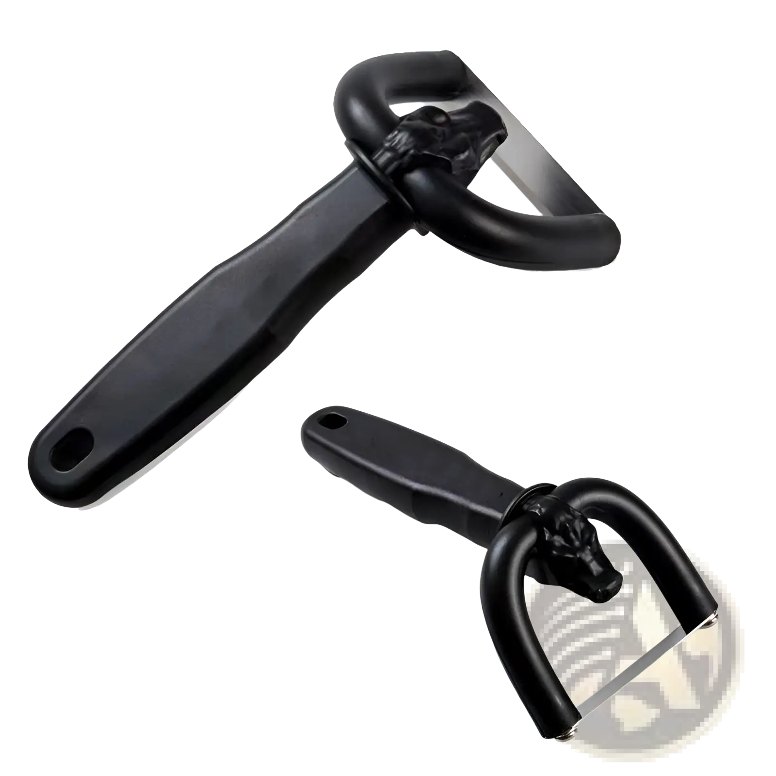 Black plastic-handled meat trimmer skull design with stainless steel slicer blade and horse-head shaped peeler