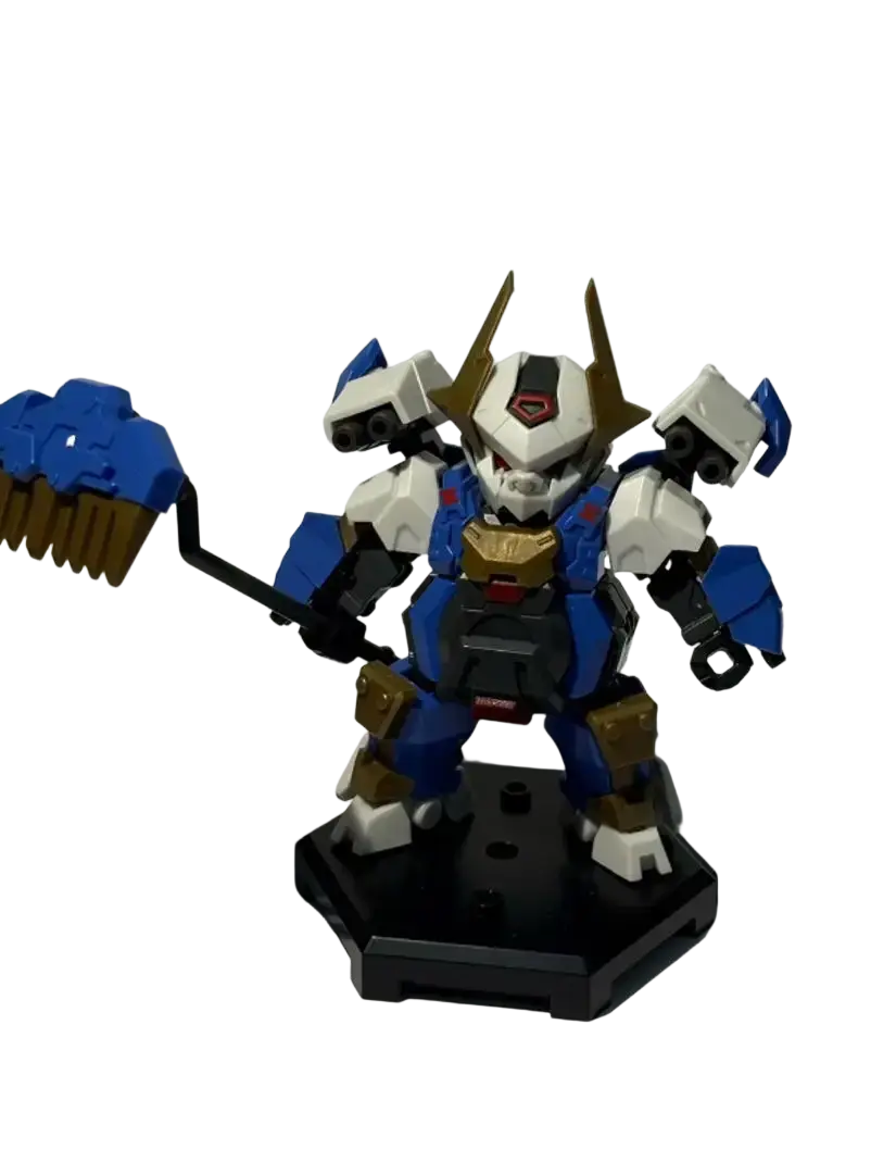 Mecha building blocks robot blind box toy featuring a blue and white armored robot figure with gold accents on a black base