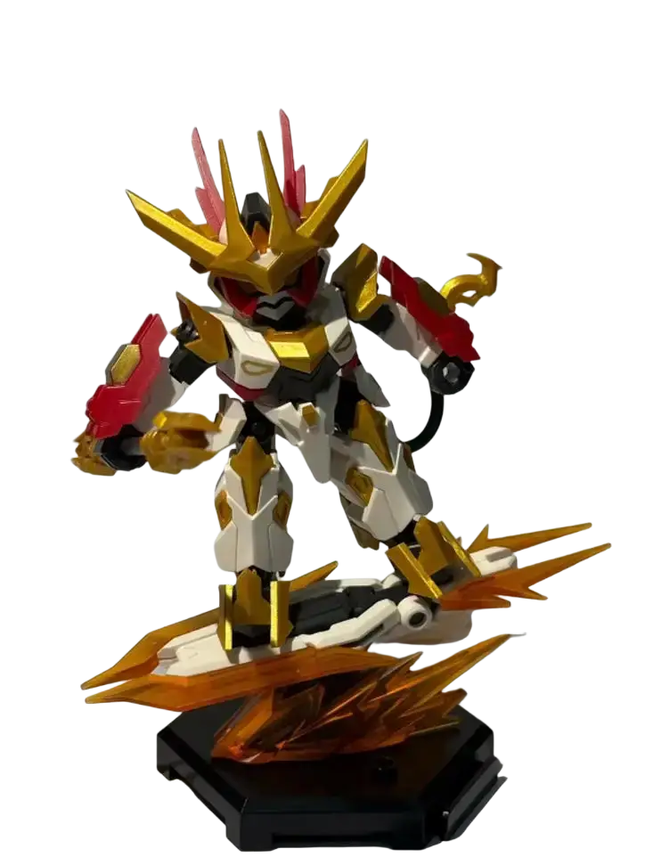 Golden and white armored mecha building blocks robot toy with red accents standing on a black hexagonal base