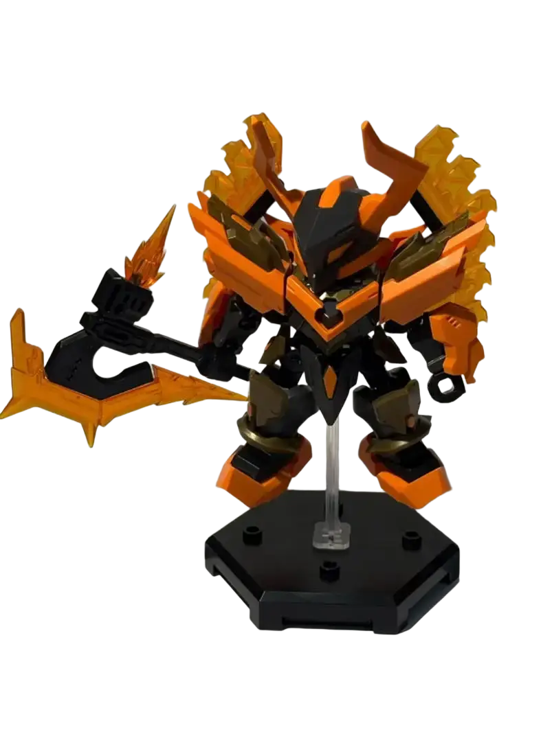 Mecha building blocks robot blind box toy featuring orange and black flame-themed metallic armor standing on hexagonal base
