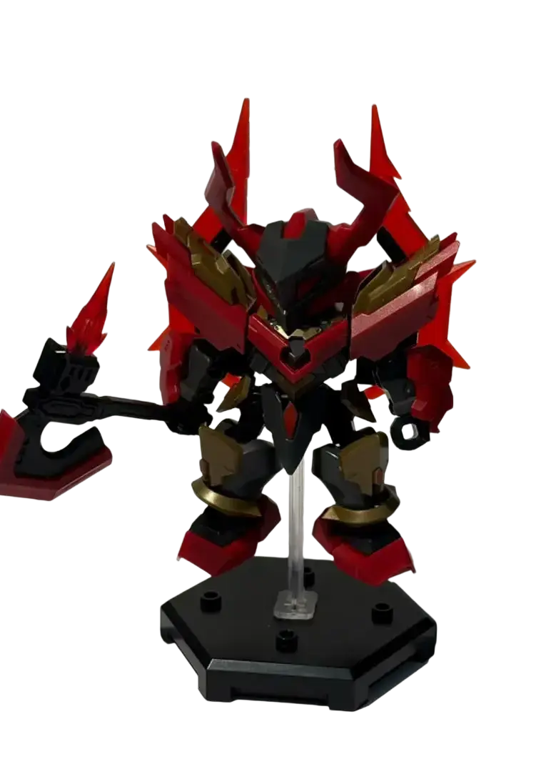 Red and black armored robot mecha building blocks toy with gold accents standing on a hexagonal base
