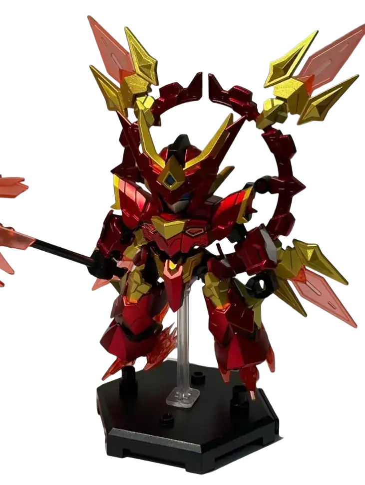 Red and gold armored mecha building blocks robot toy with translucent pink wing accessories on black hexagonal base