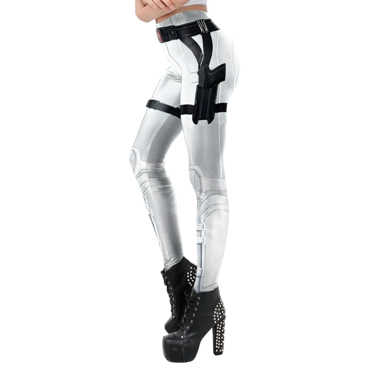 Silver mecha print tactical leggings with black straps and gun holster design in form-fitting armor costume style