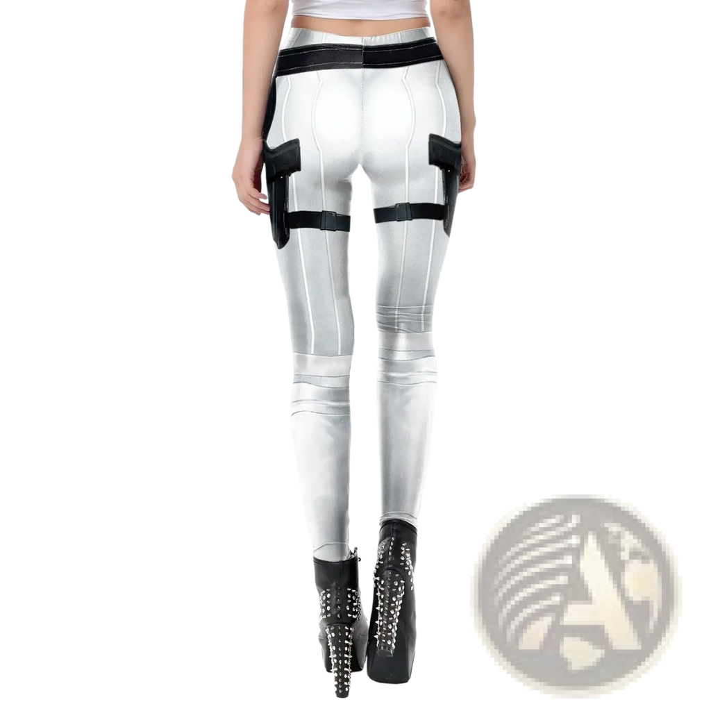 Silver and black mecha print tactical leggings with glossy finish and realistic gun holster designs on the hips