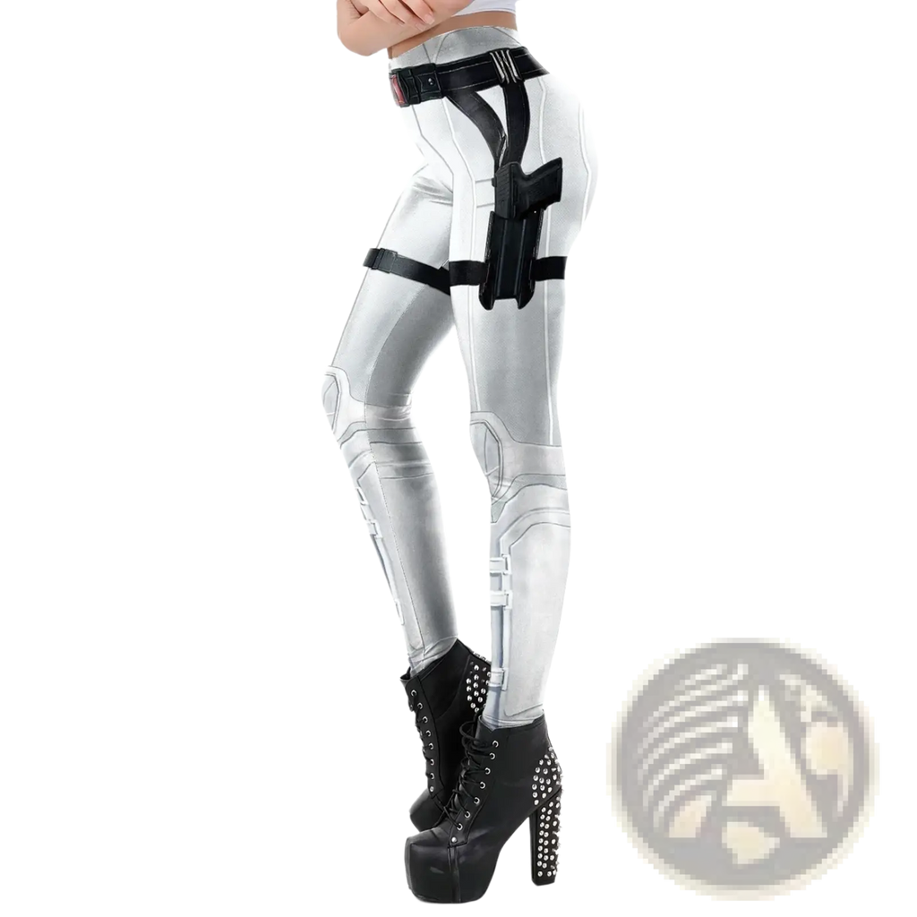 Silver mecha print tactical leggings with black straps and gun holster design in form-fitting armor costume style
