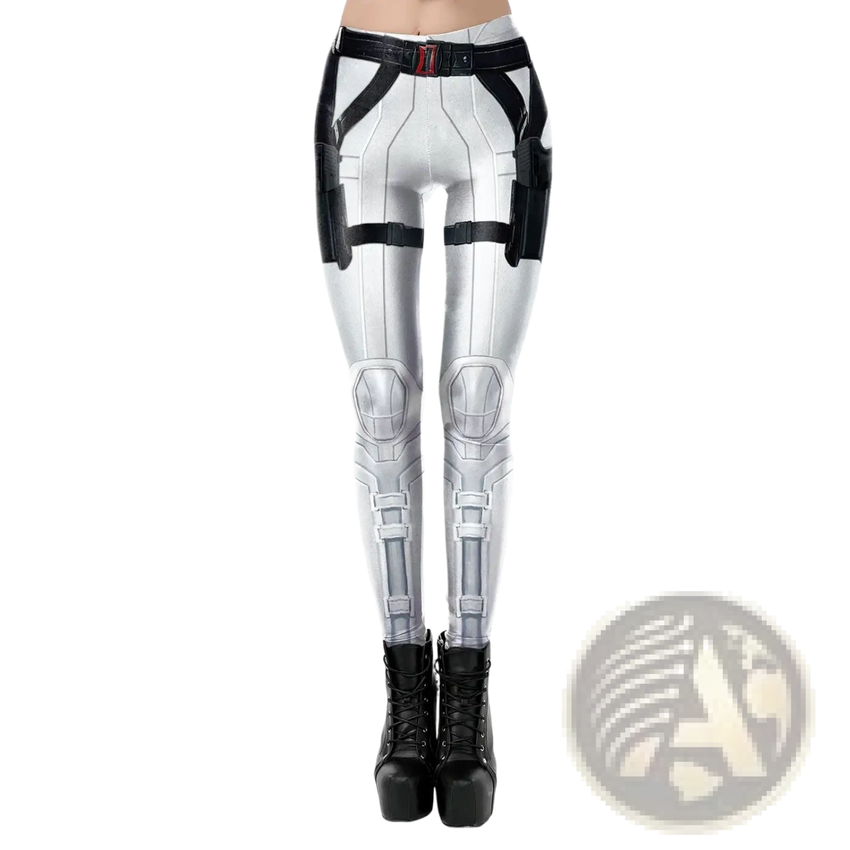Silver and black mecha print tactical leggings with armored knee pads and hip straps designed for costume use