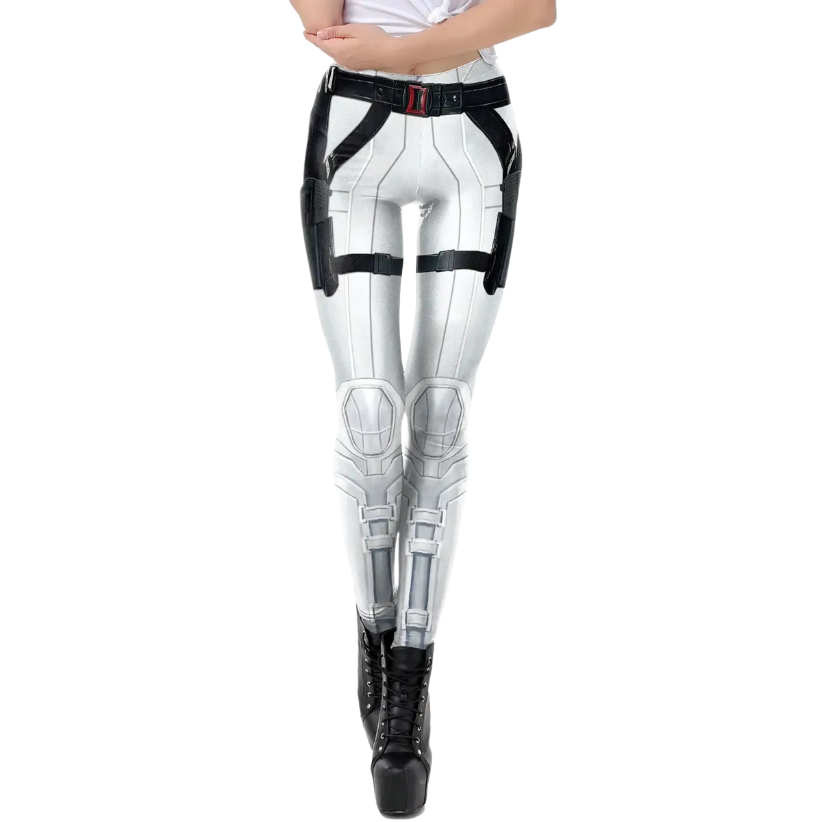White and black mecha print tactical leggings with glossy superhero suit design and reinforced armor panels
