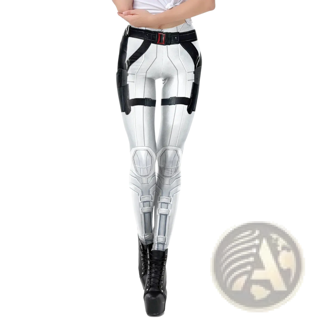 White and black mecha print tactical leggings with glossy superhero suit design and reinforced armor panels
