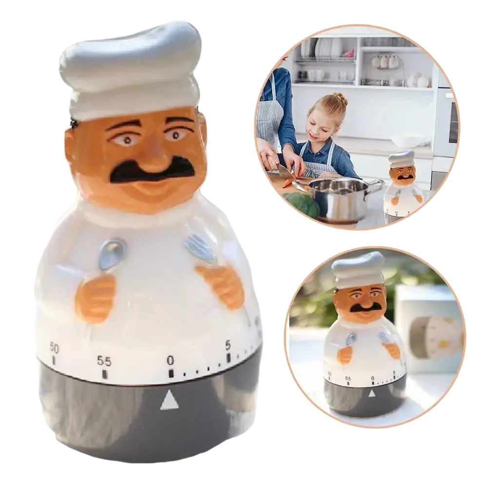 Mechanical chef kitchen timer with smiling face, white hat, orange skin tone, black mustache, clear body, and numbered base