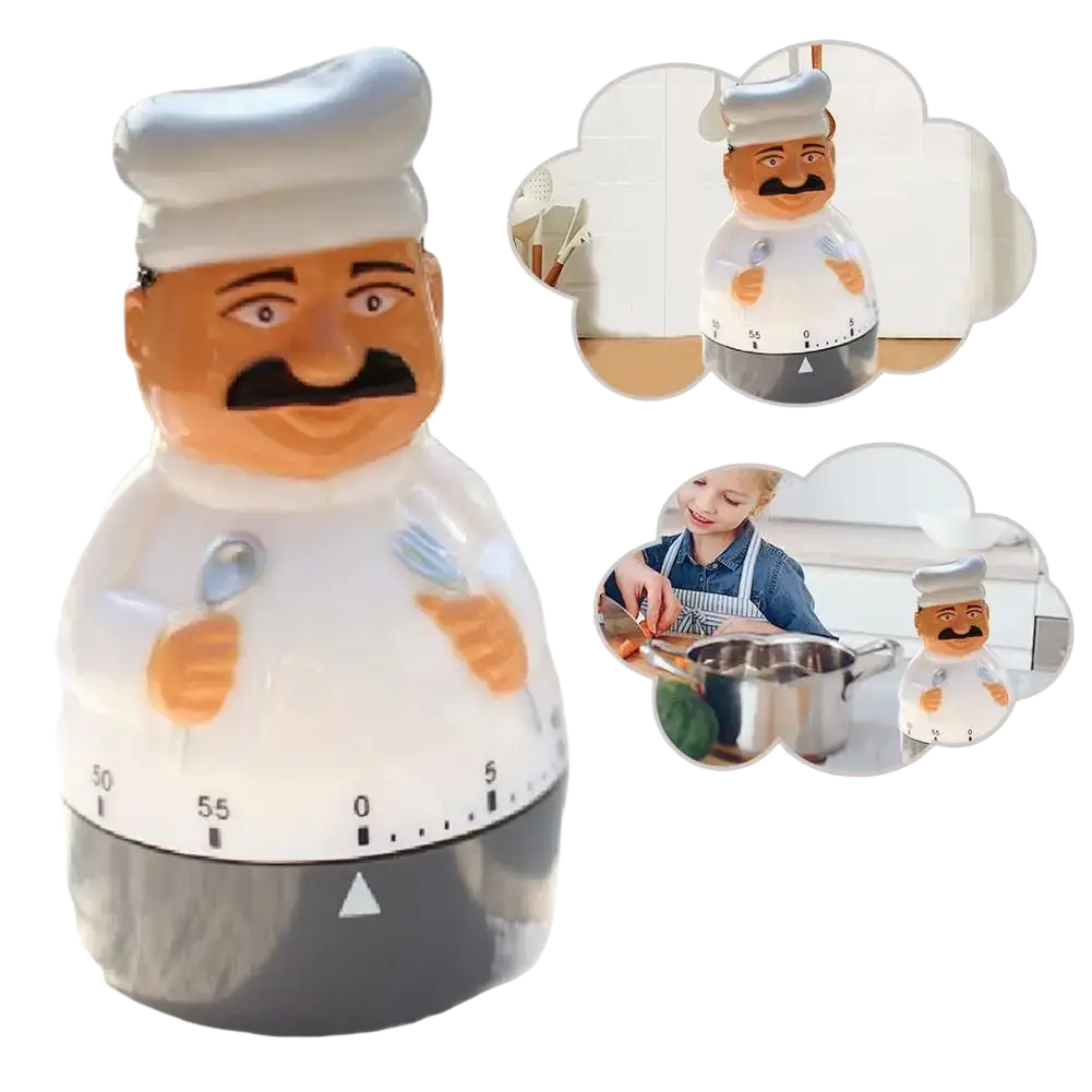 Mechanical chef kitchen timer with smiling face, white chef hat, clear body, black base, numbered dial, and utensils