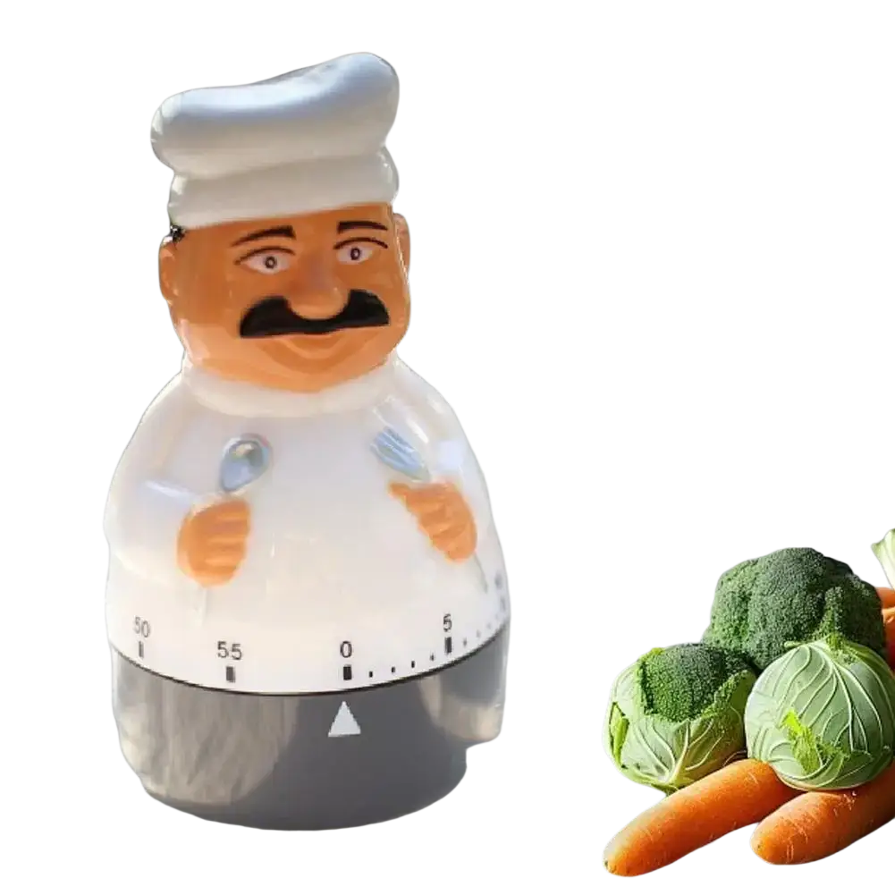 Mechanical chef kitchen timer with smiling face, white chef hat and apron, clear body with black time markings