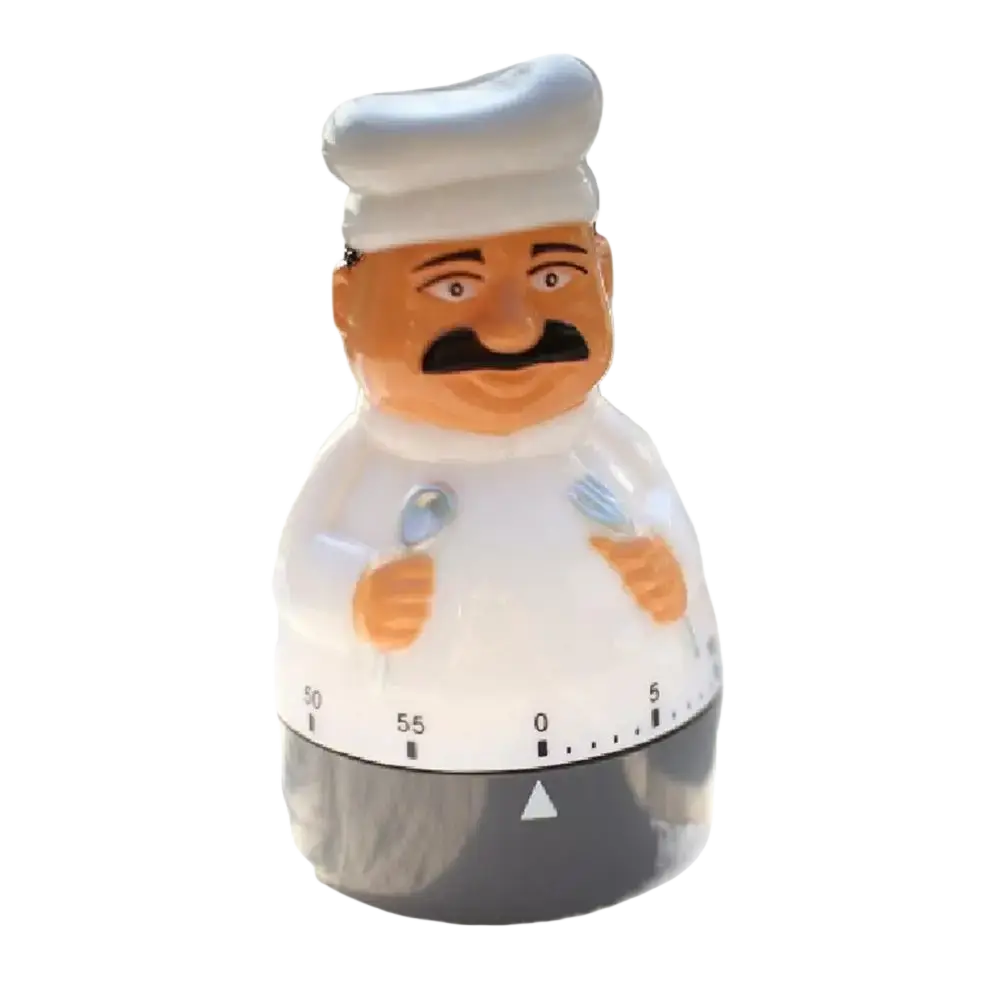 Mechanical chef kitchen timer 60 minute with smiling face, white chef hat and apron, clear plastic body, black base