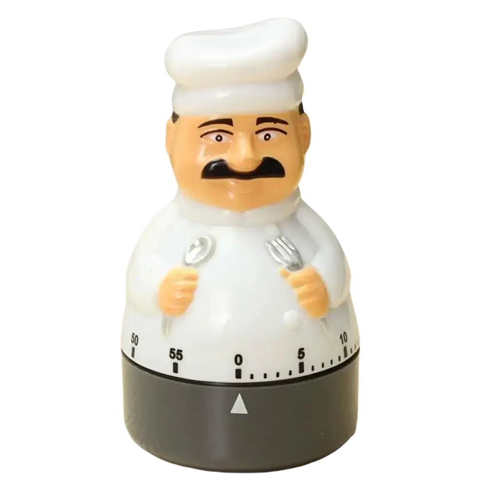 Mechanical chef kitchen timer 60 minute white plastic chef shaped with black mustache gray base and numbered markings