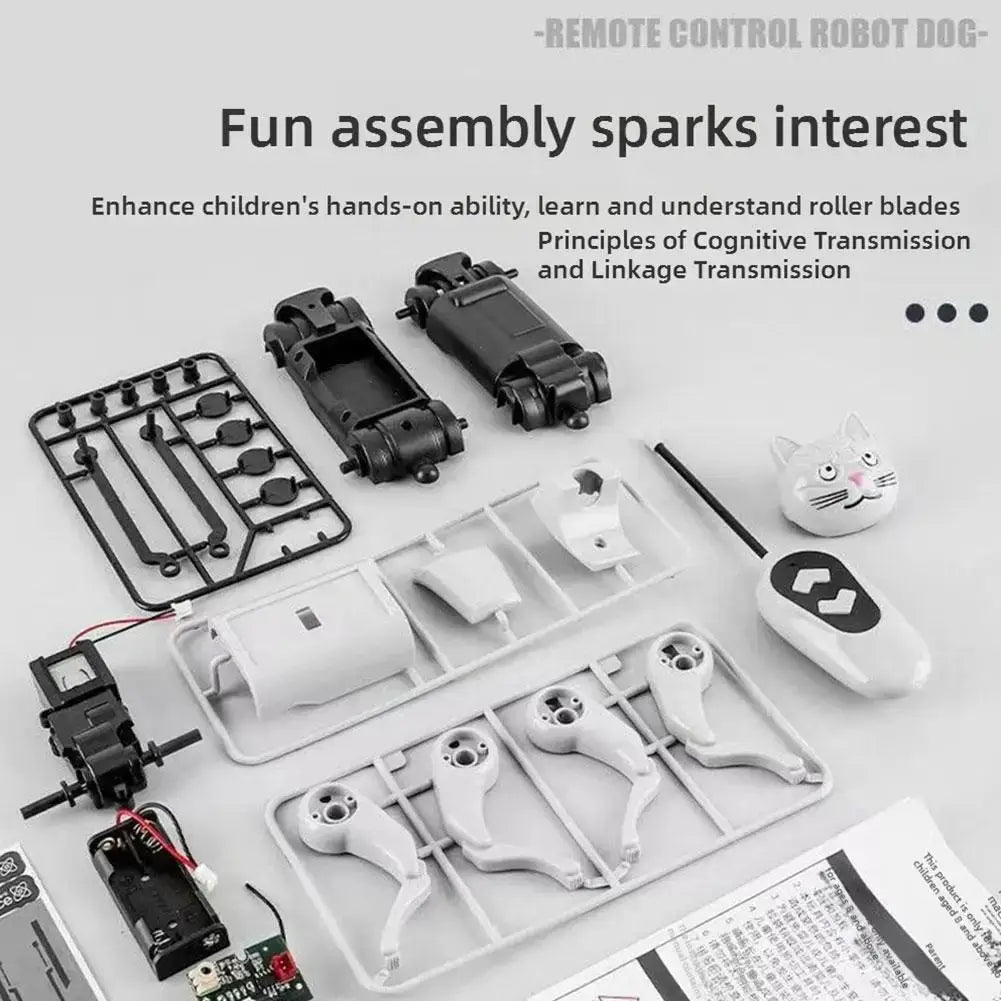 Black and white plastic mechanical dog diy robot toy with walking feature and cat-shaped mechanical cat controller