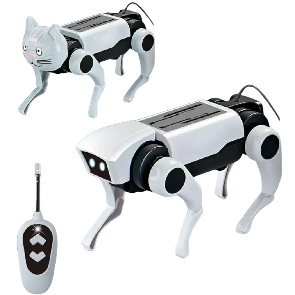 White and black mechanical dog diy robot toy with interchangeable mechanical cat and dog head shapes for electronic pet use