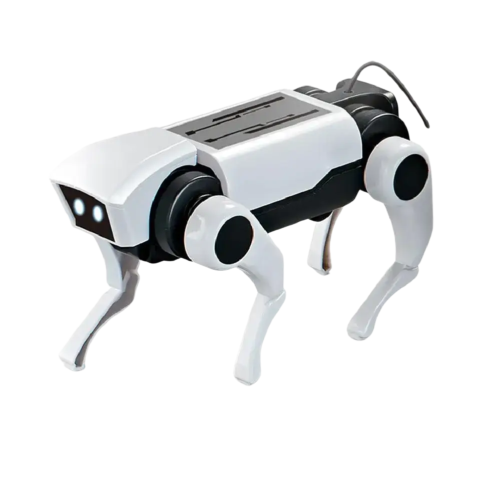 White and black mechanical dog with solar panel on its back for diy robot dog toy walking electronic pet