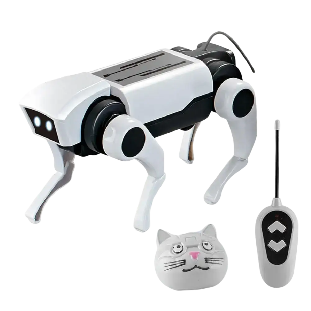 White and black mechanical dog robot with led eyes solar panel and four articulated legs walking electronic pet toy