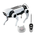 White and black mechanical dog robot with led eyes solar panel and four articulated legs walking electronic pet toy