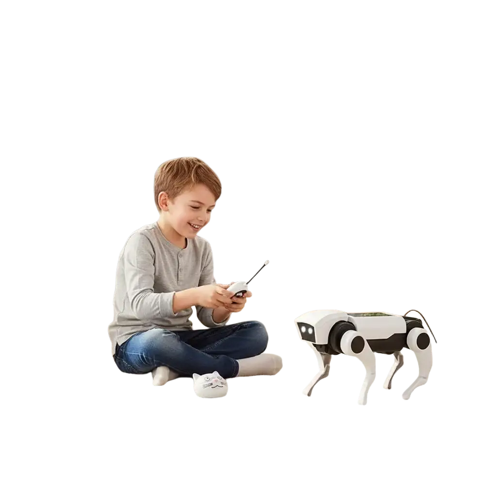 White and black mechanical dog with four legs sleek design walking electronic robot dog toy for diy assembly