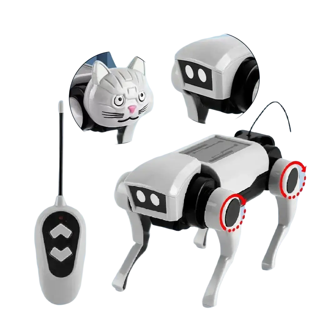 White and black mechanical cat robot toy with remote control featuring a cat-like face for interactive play