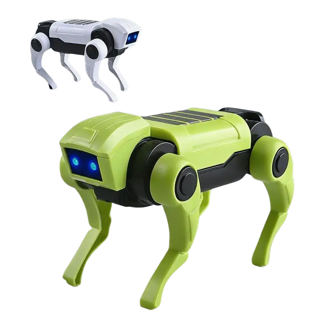 Lime green and black mechanical dog toy with blue glowing eyes electronic pet diy robot kit for interactive play