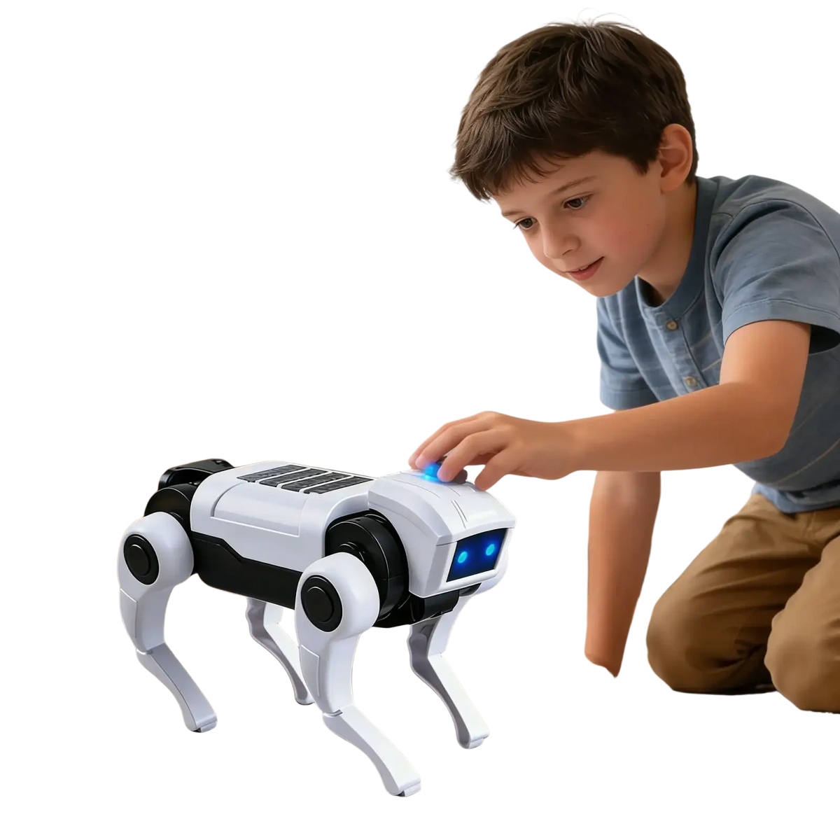 White and black mechanical dog toy with blue led eyes and solar panel on back for electronic pets diy robot kit